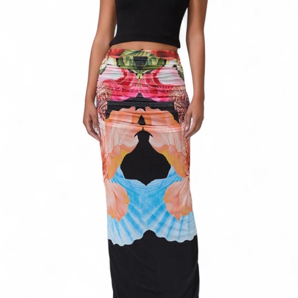 AFRM Multicolor Floral Midi Skirt with Bold Graphic Print